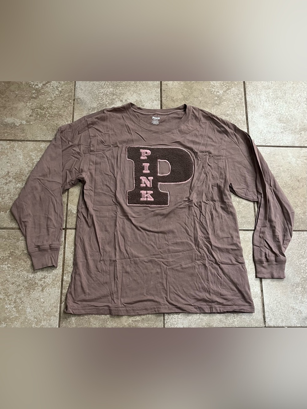 PINK Victoria's Secret Brown Long Sleeve Tee with Pink Appliqué